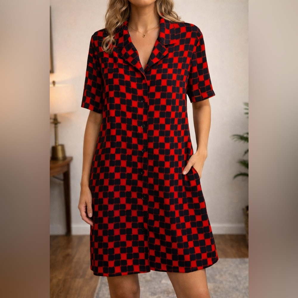 Red & Black Checkered Satin Shirt Dress Short Sleeve | Size M